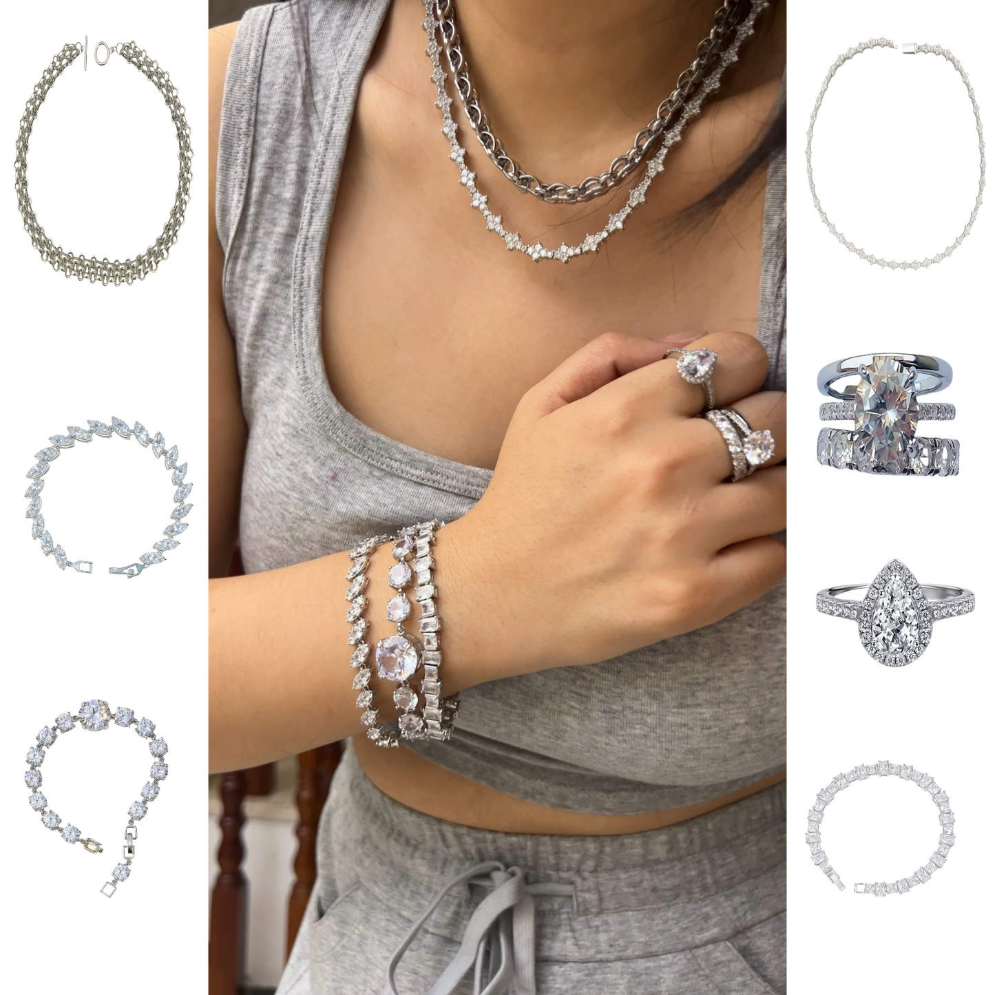 7-Piece Icy Silver Jewelry Set – Necklaces, Bracelets & CZ Rings