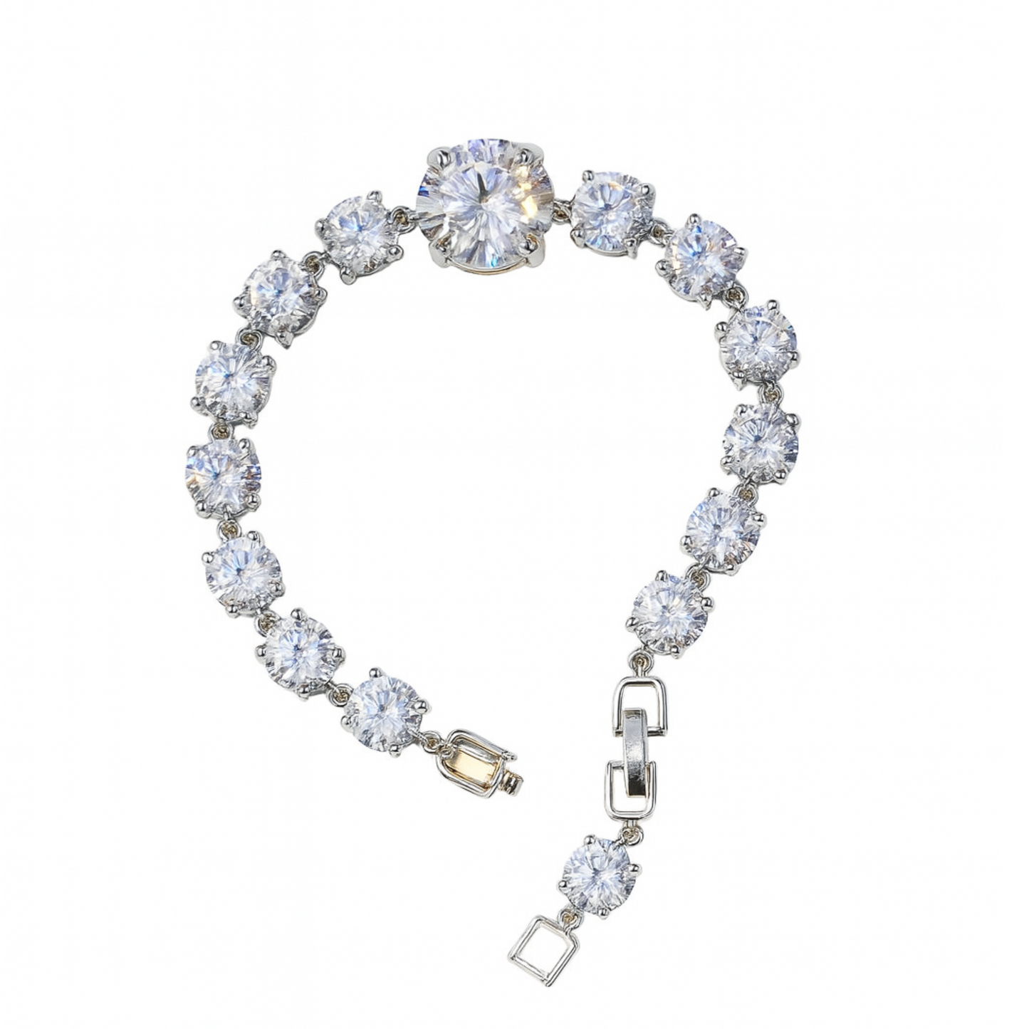 Silver CZ Tennis Bracelet with Large Round Center Stone – Adjustable, Brilliant Shine