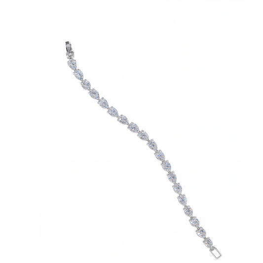 Teardrop pear-cut CZ tennis bracelet with prong setting in silver tone