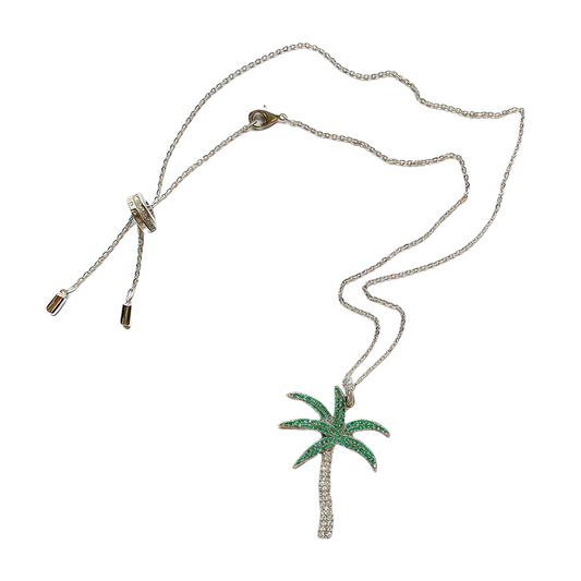 Palm tree pendant necklace with green CZ leaves on adjustable silver chain
