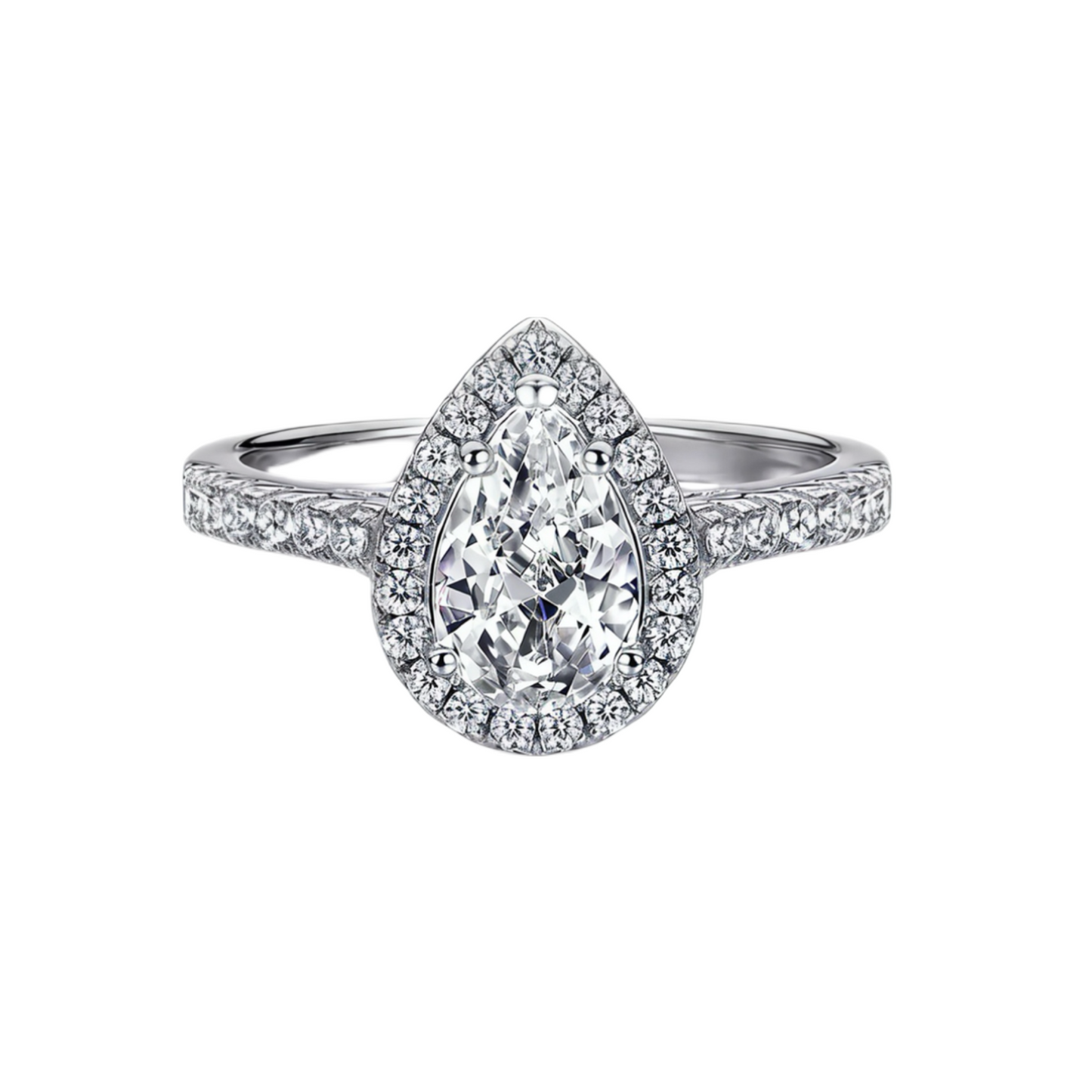 Teardrop CZ Engagement Ring – Pear-Cut Center with Pave Halo Design