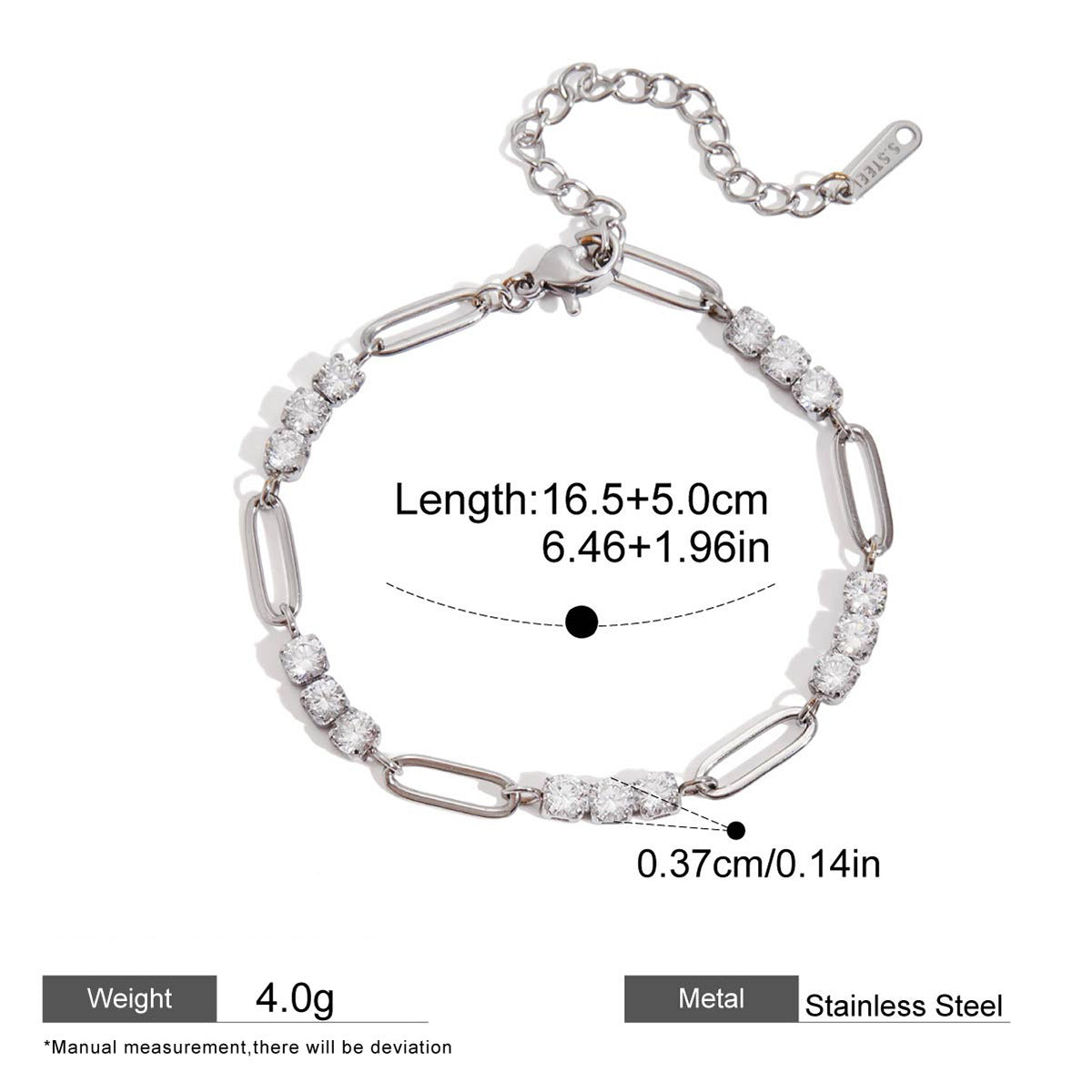 Zircon Chain Bracelet — dimensions and size reference 20