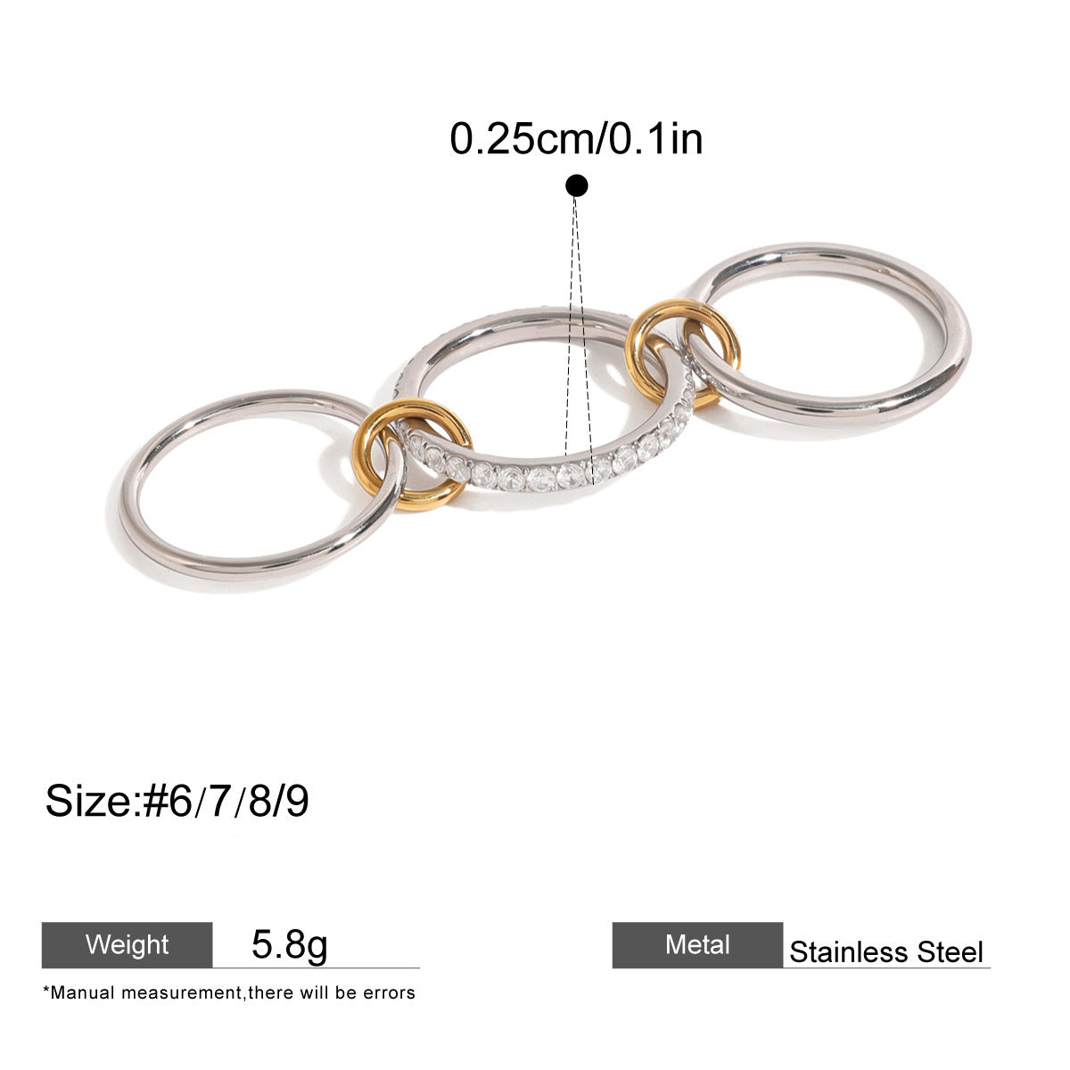 Assorted Stacking Pearl and Zircon Rings — dimensions and size reference 34