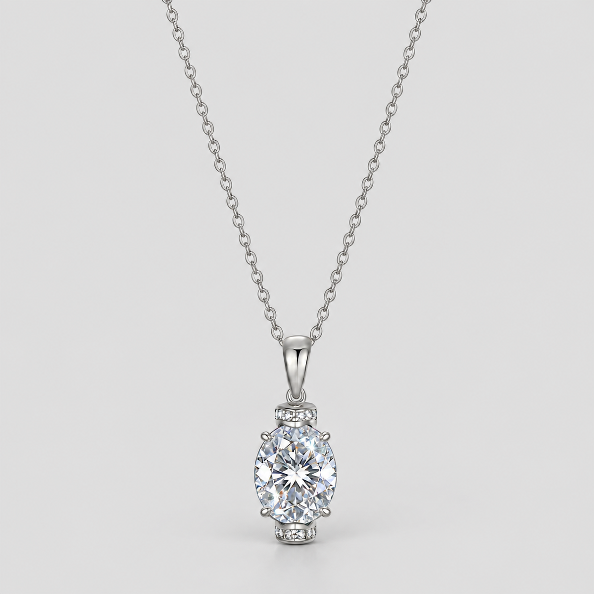 Oval Moissanite Pendant Necklace in 925 sterling silver, silver finish.