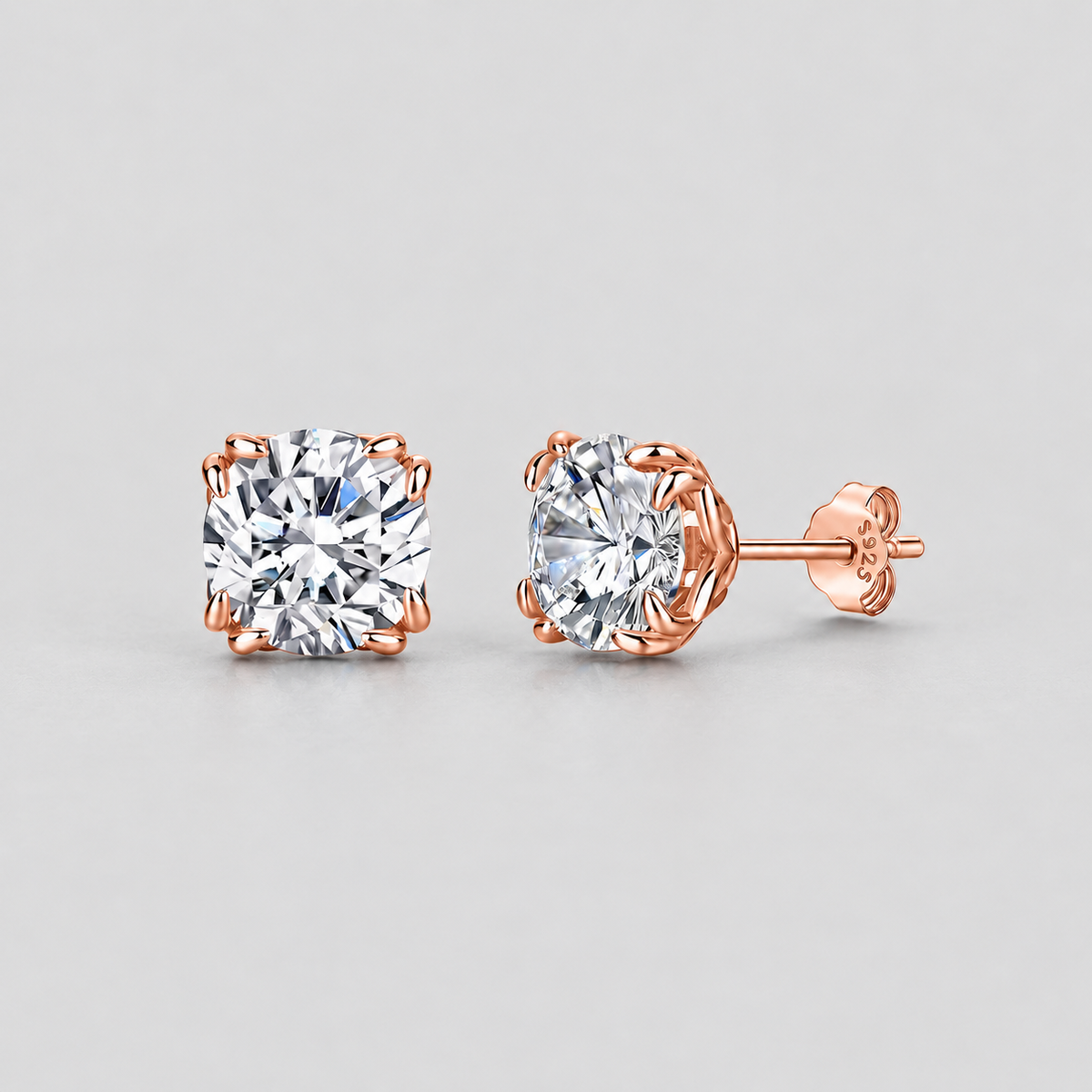 Eight-Prong Moissanite Stud Earrings in 925 sterling silver, rose gold finish.