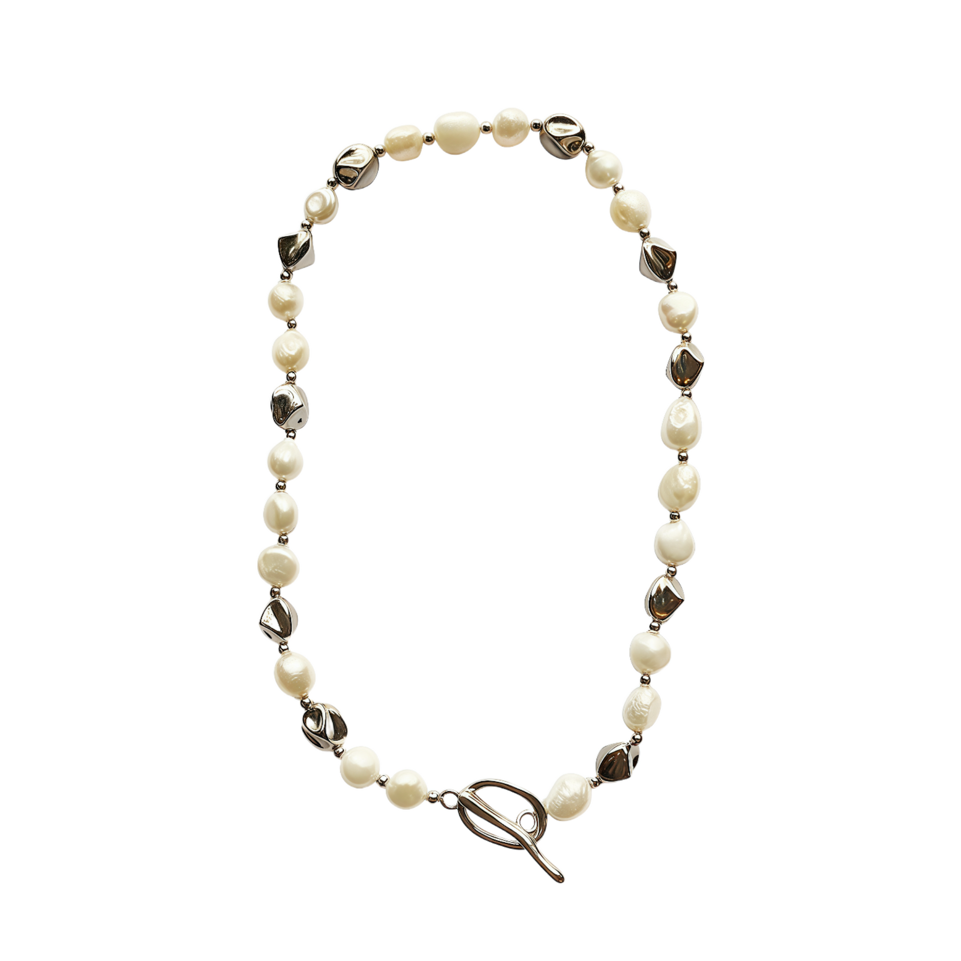Baroque pearl necklace with metallic beads and toggle clasp closure