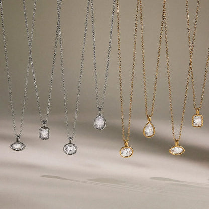 Clear stone pendant necklace collection with oval, teardrop and rectangular designs