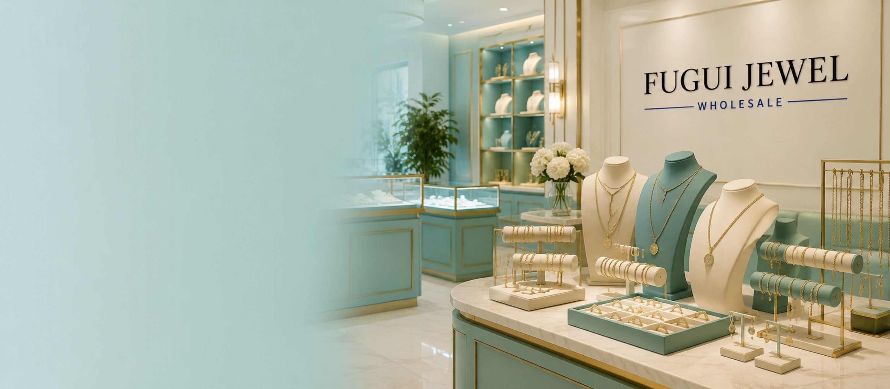 FUGUI JEWEL WHOLESALE boutique jewelry showroom with gold stainless steel jewelry displays