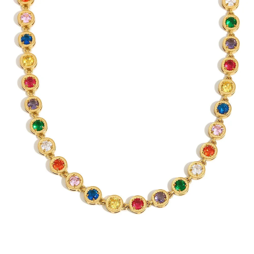 Multicolor round stone tennis necklace displayed on a white background