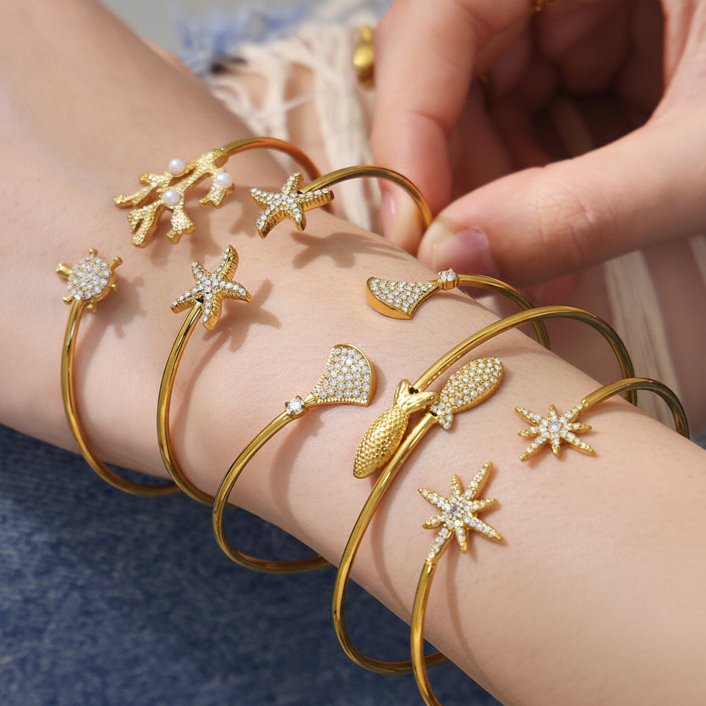 Ocean Motif Zircon Open Bangle — styled view 01