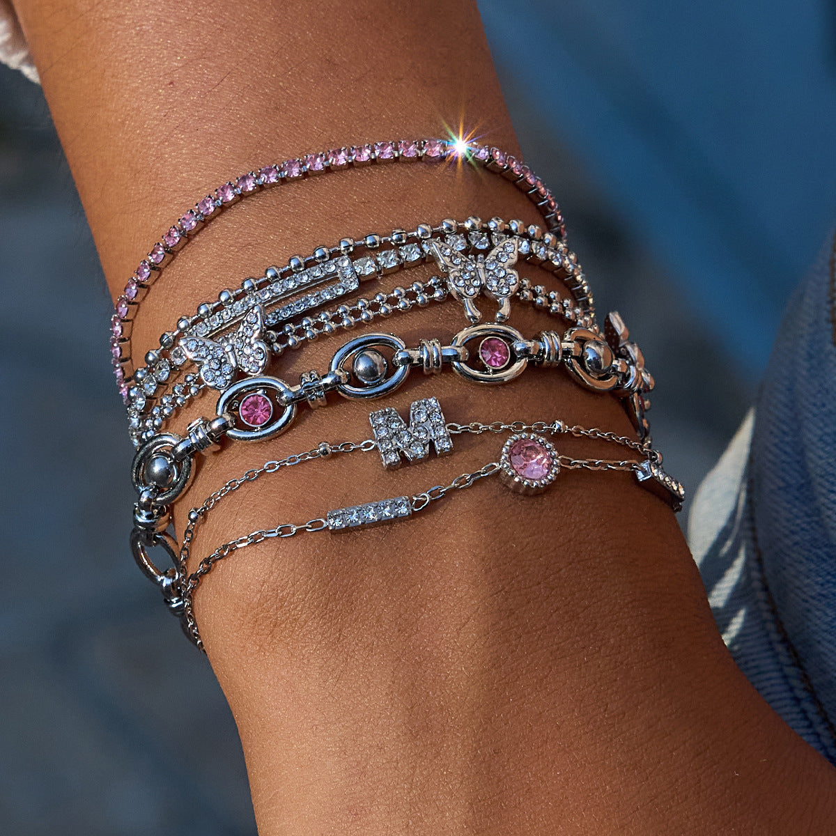 Pink Zircon Round Chain Bracelets — styled view 03