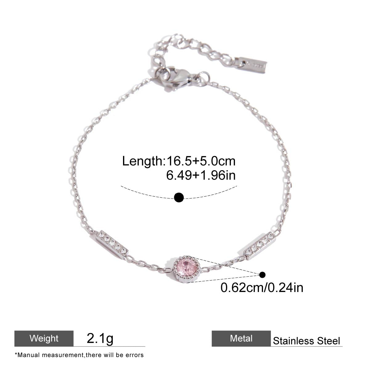 Pink Zircon Round Chain Bracelets — dimensions and size reference 06