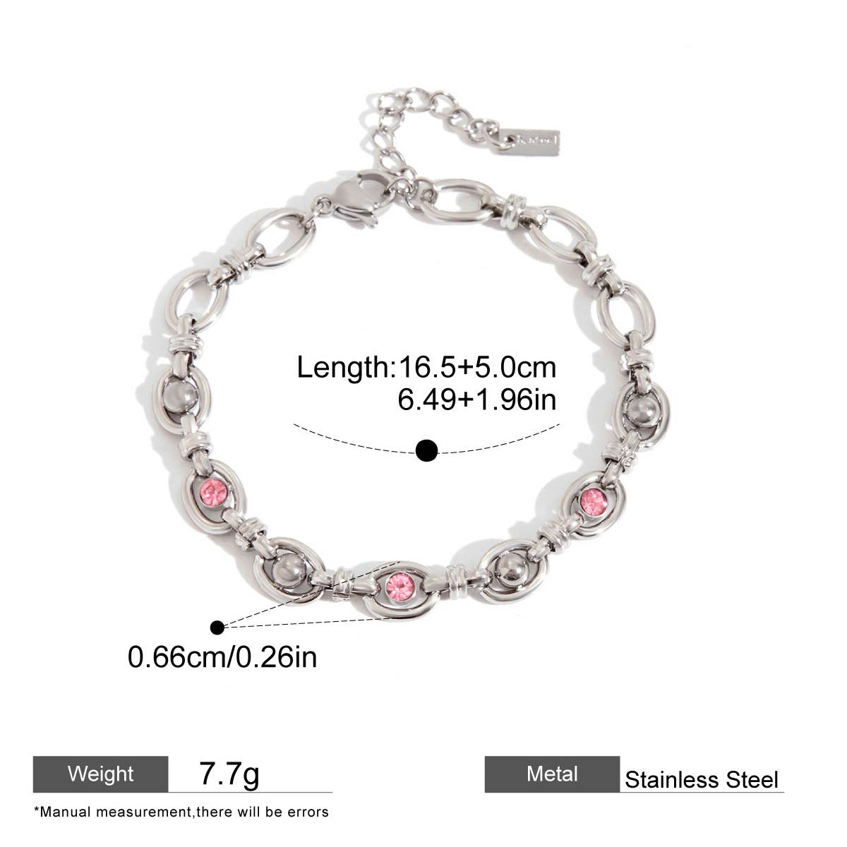 Pink Zircon Round Chain Bracelets — dimensions and size reference 08