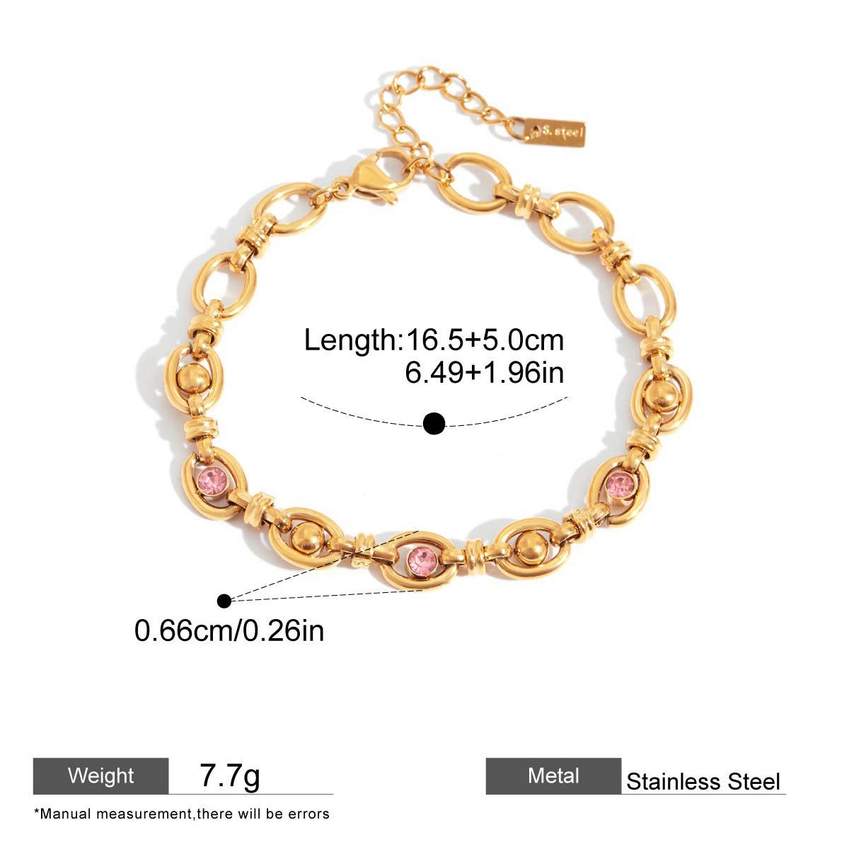 Pink Zircon Round Chain Bracelets — dimensions and size reference 09