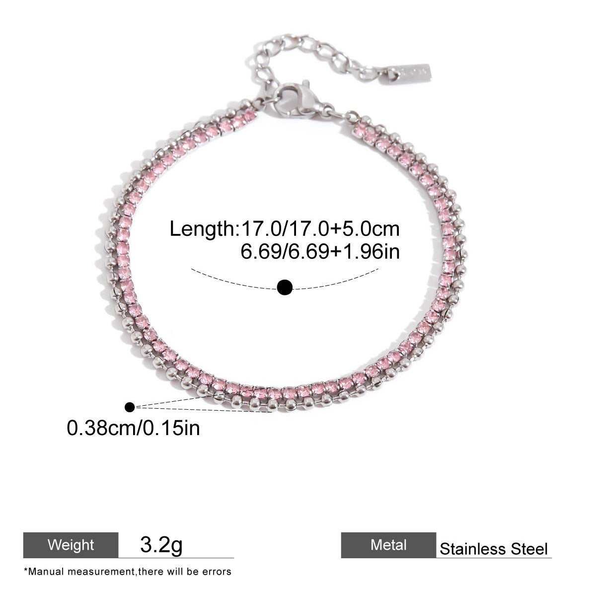 Pink Zircon Round Chain Bracelets — dimensions and size reference 12