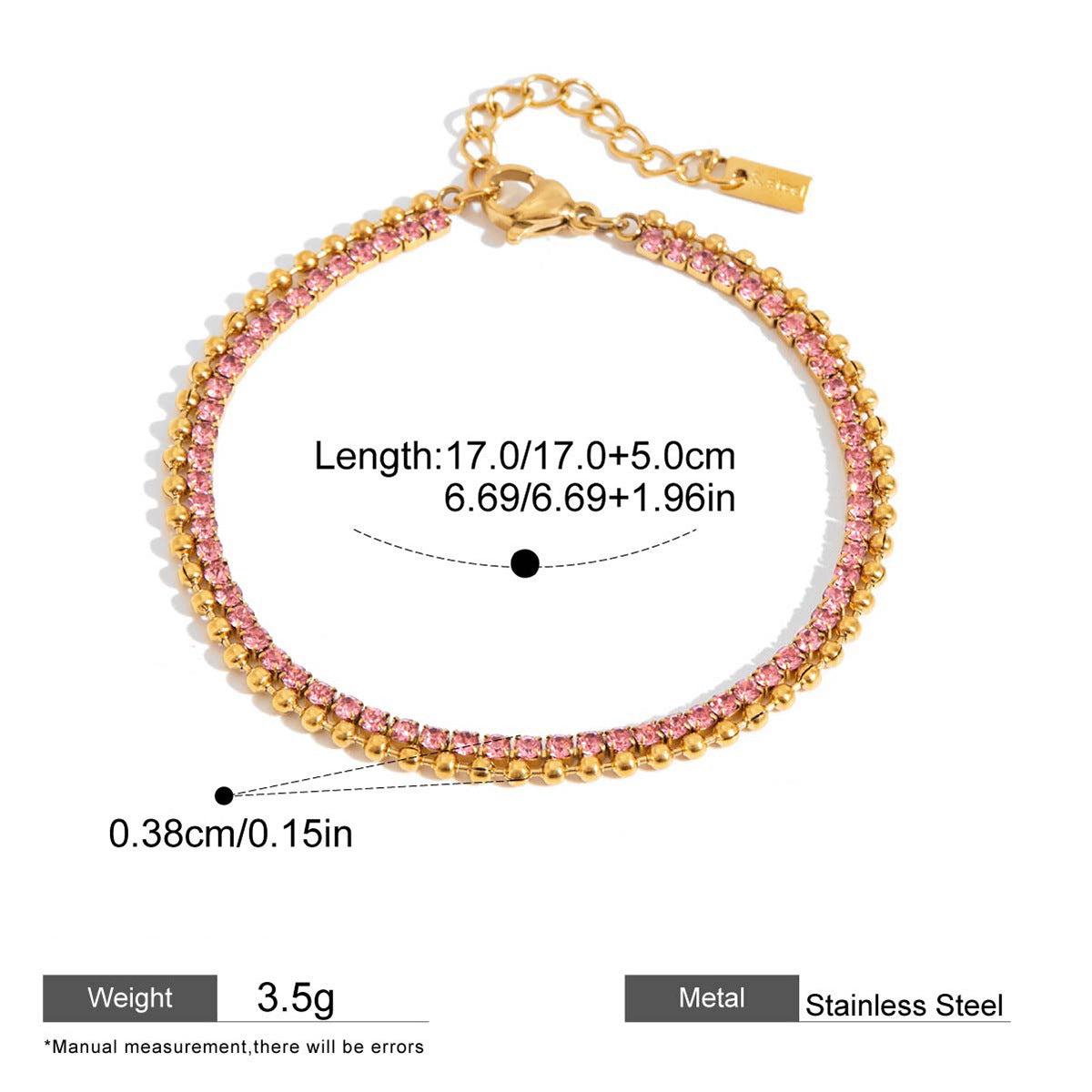 Pink Zircon Round Chain Bracelets — dimensions and size reference 13