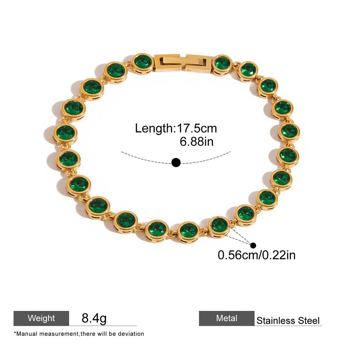 Zircon Chain Bracelet — dimensions and size reference 16