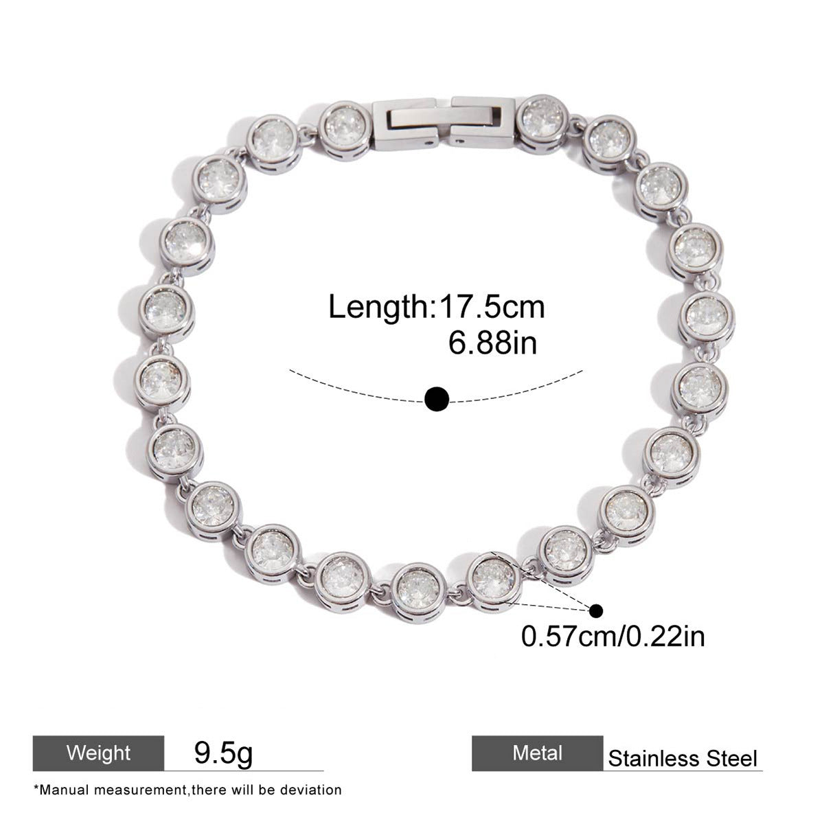 Zircon Chain Bracelet — dimensions and size reference 18