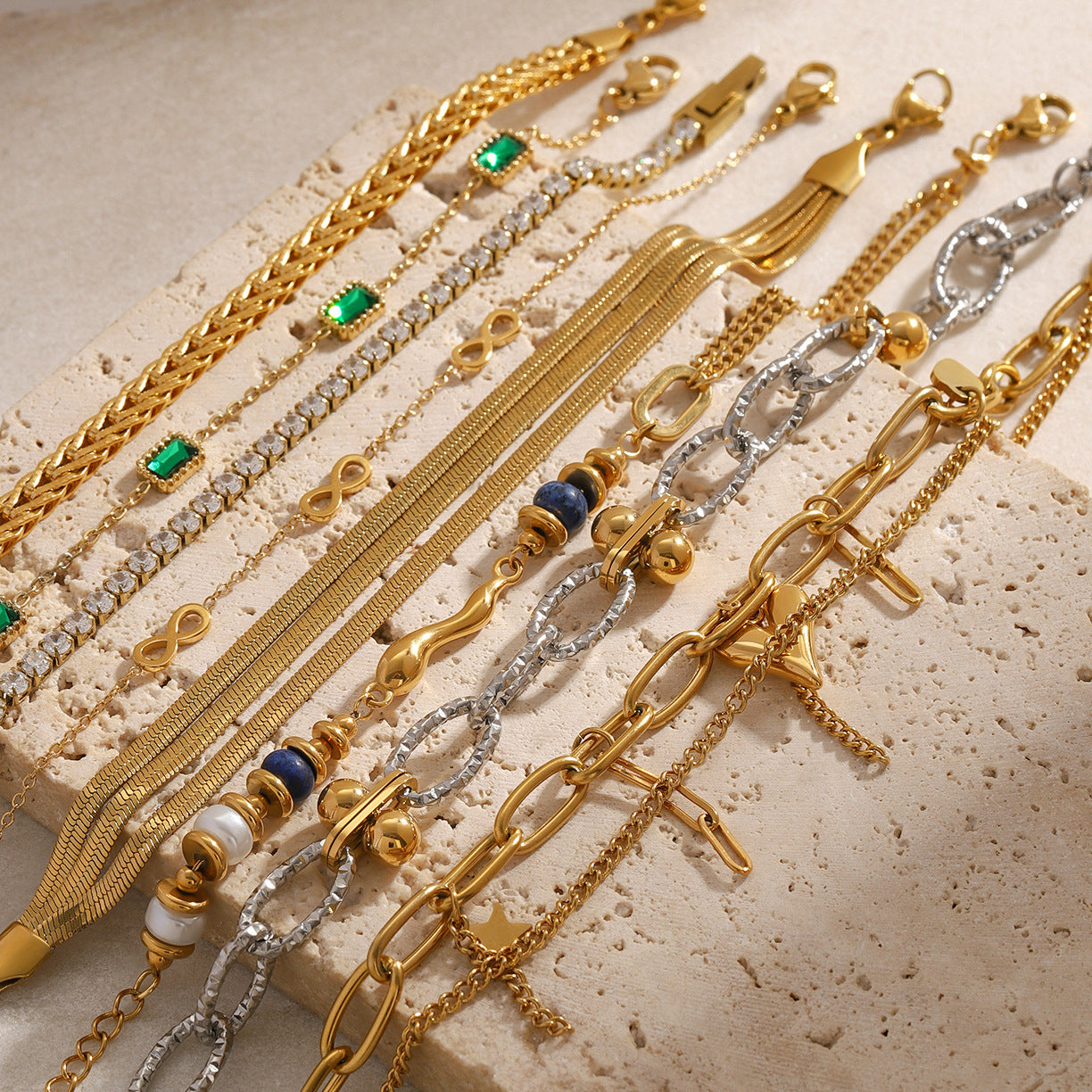Zircon and Pearl Chain Bracelets — flat lay 02