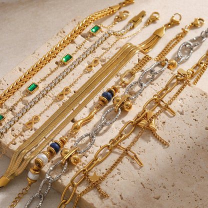Zircon and Pearl Chain Bracelets — flat lay 02