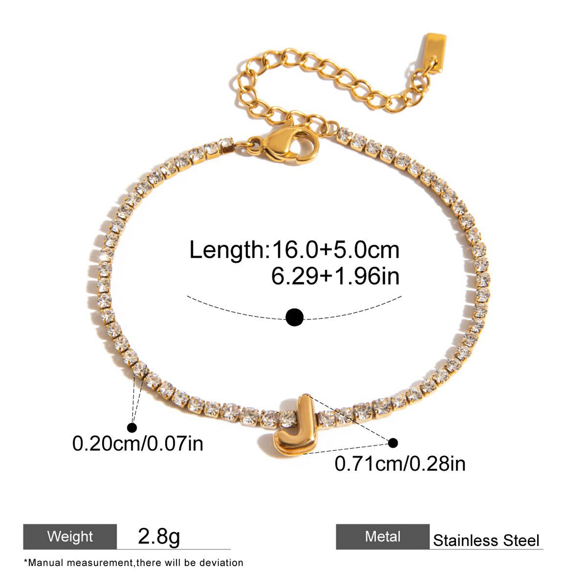 Zircon Initial Chain Bracelets — dimensions and size reference 02