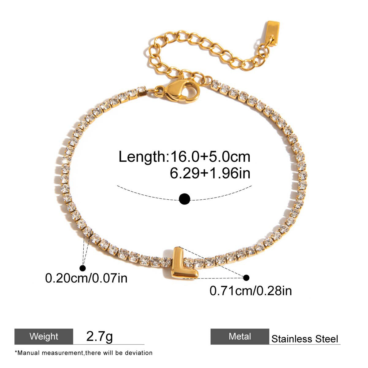 Zircon Initial Chain Bracelets — dimensions and size reference 09