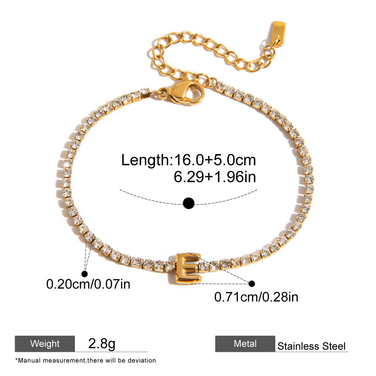 Zircon Initial Chain Bracelets — dimensions and size reference 16