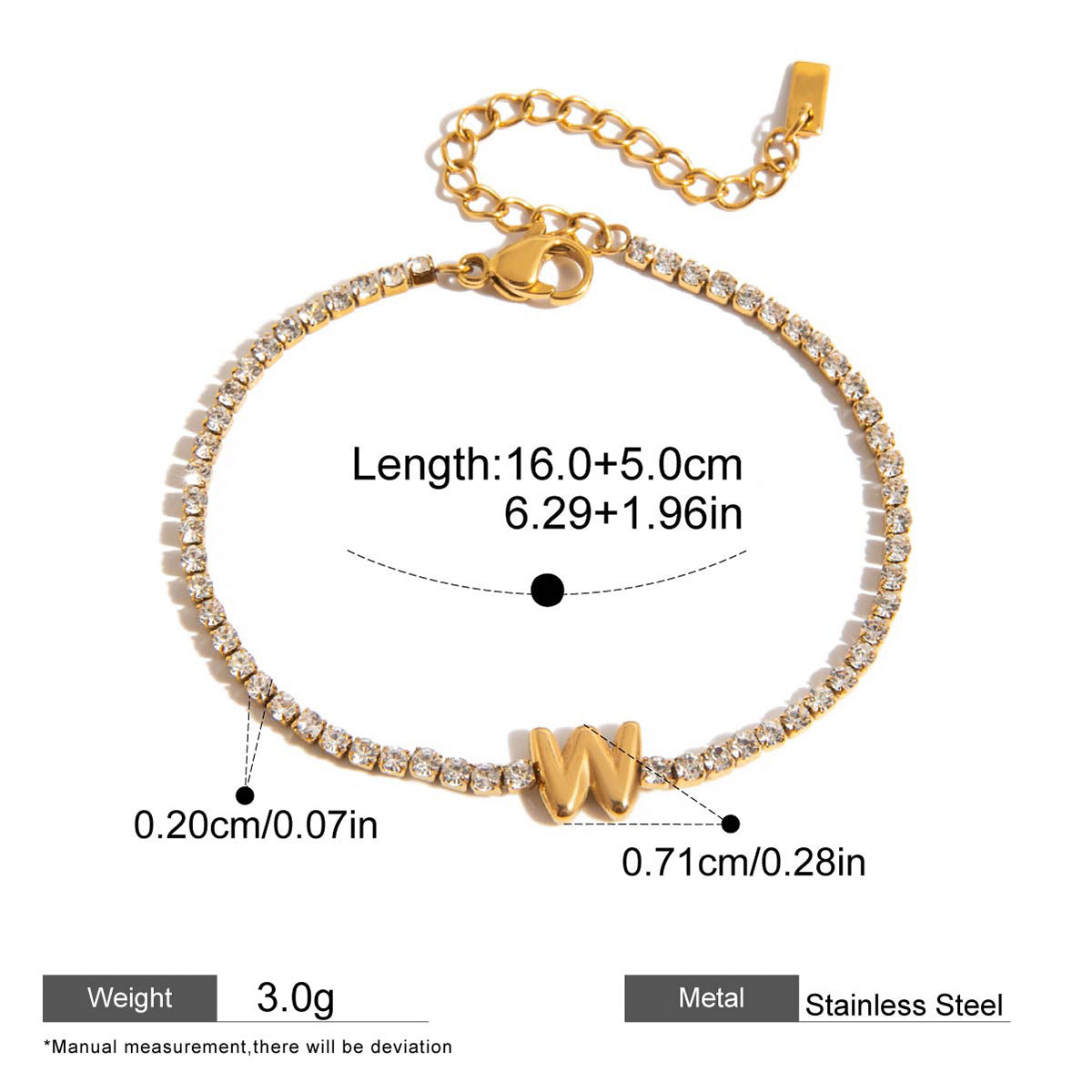 Zircon Initial Chain Bracelets — dimensions and size reference 18