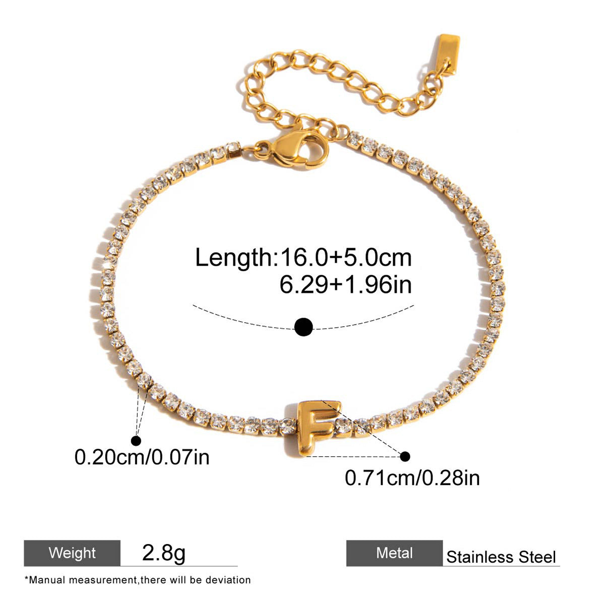 Zircon Initial Chain Bracelets — dimensions and size reference 19