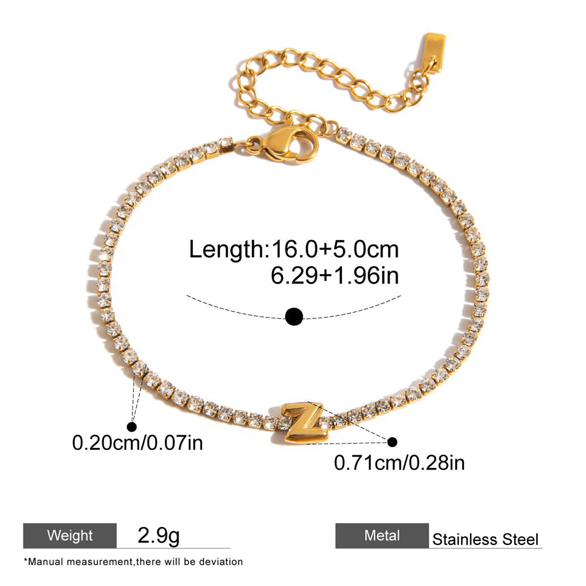 Zircon Initial Chain Bracelets — dimensions and size reference 27