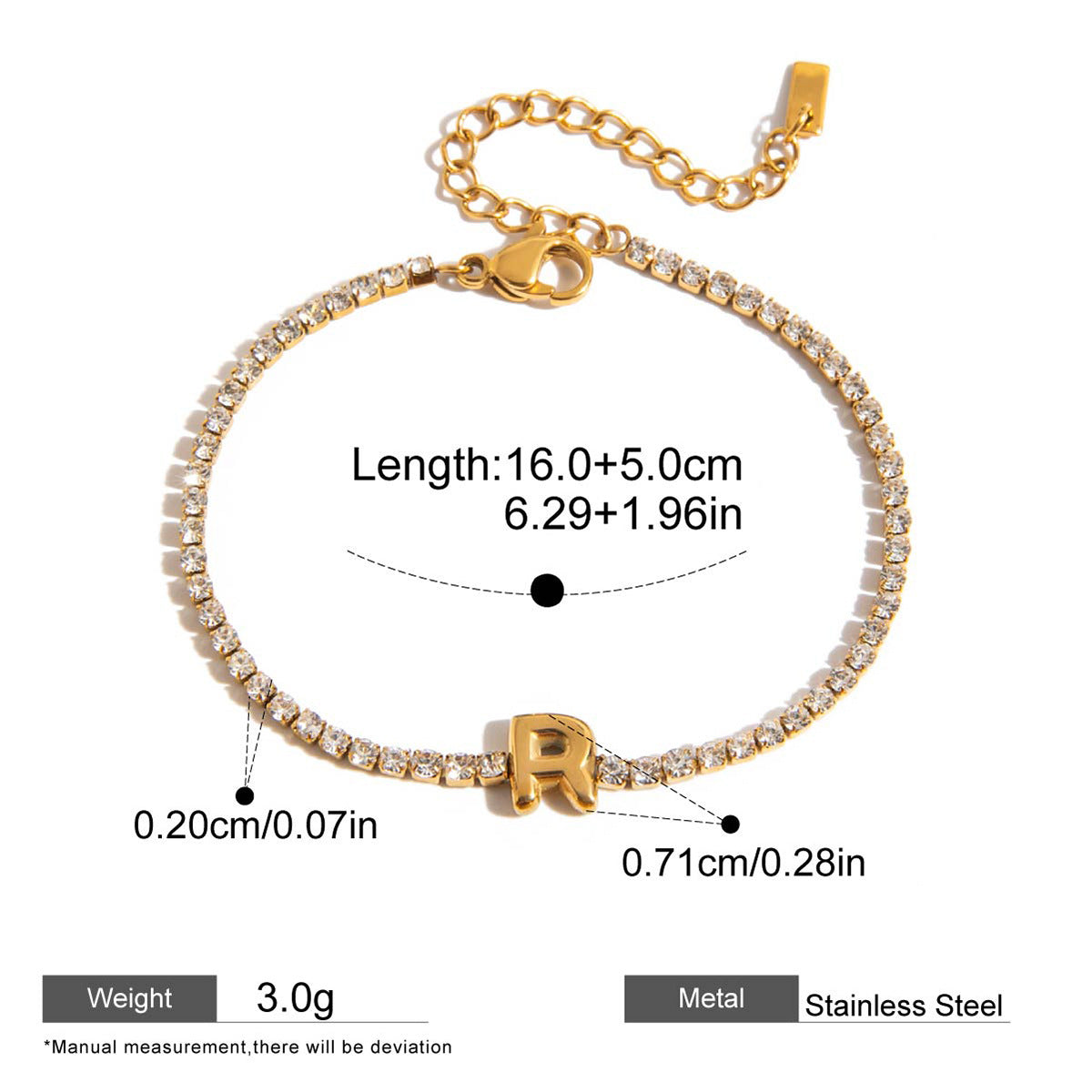 Zircon Initial Chain Bracelets — dimensions and size reference 28