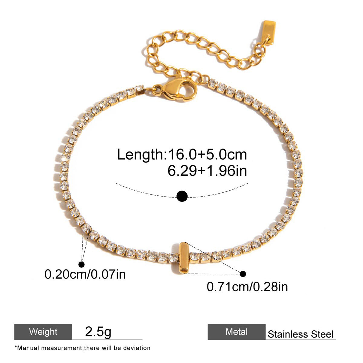 Zircon Initial Chain Bracelets — dimensions and size reference 29