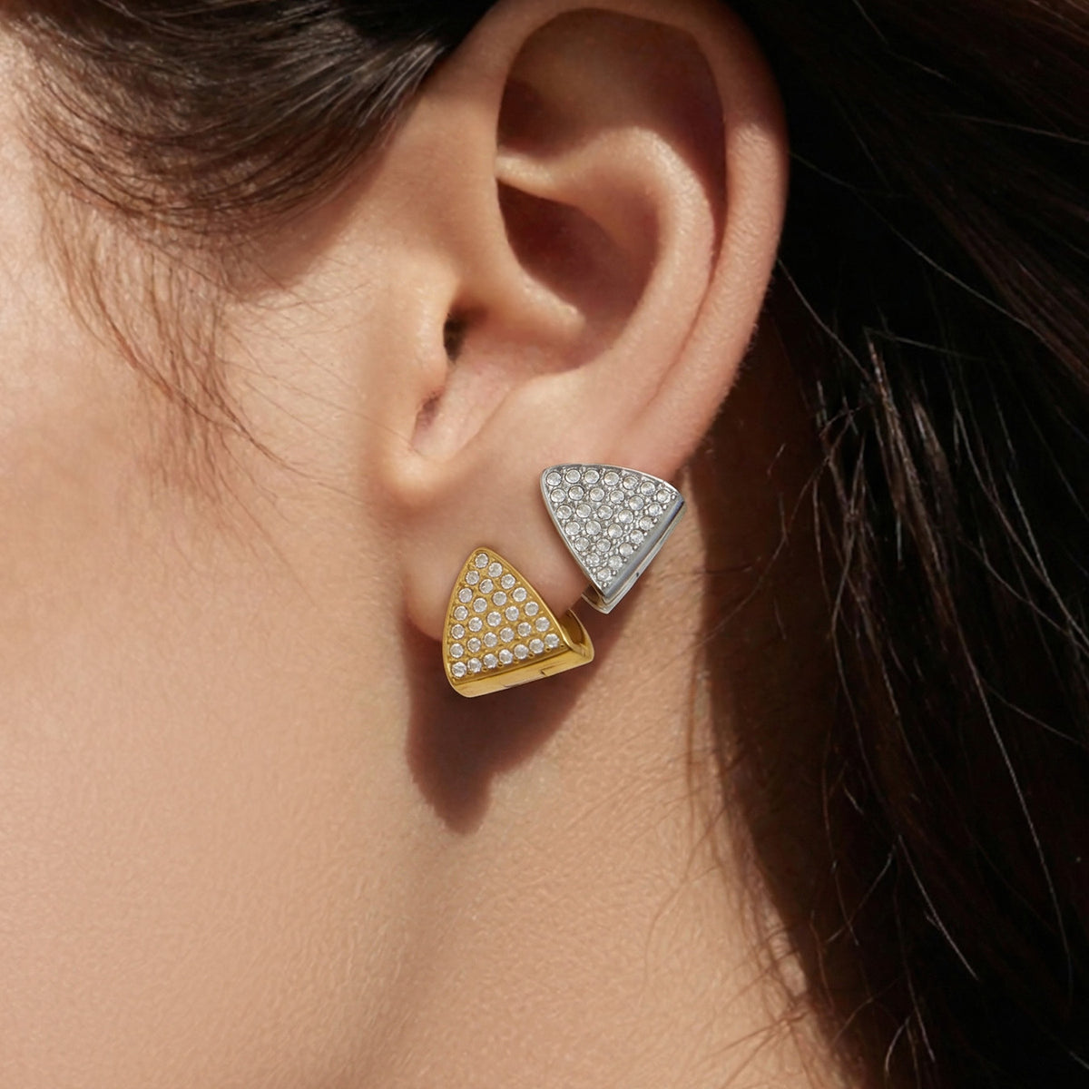 Triangle Zircon Huggie Earrings — styled view 04