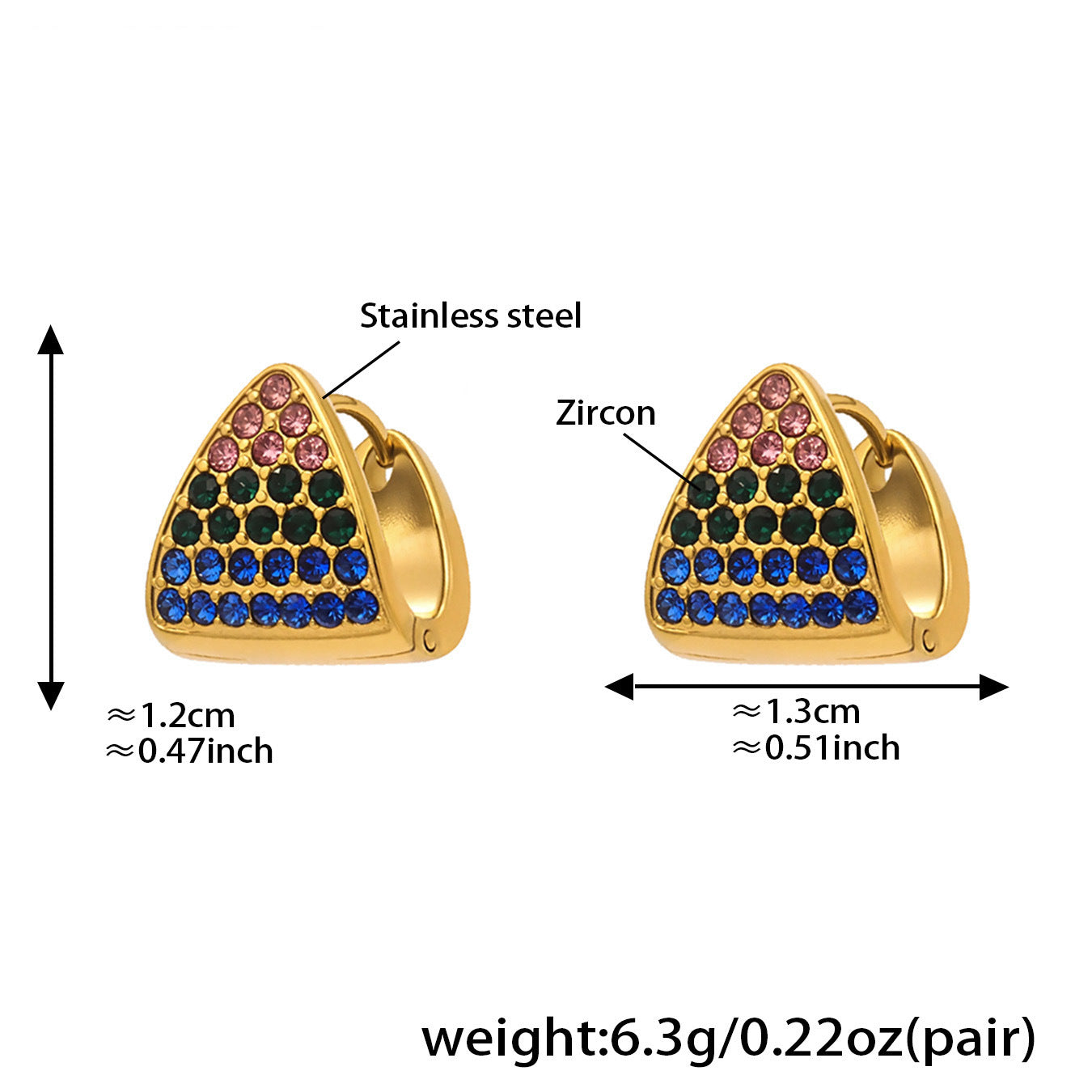 Triangle Zircon Huggie Earrings — dimensions and size reference 14