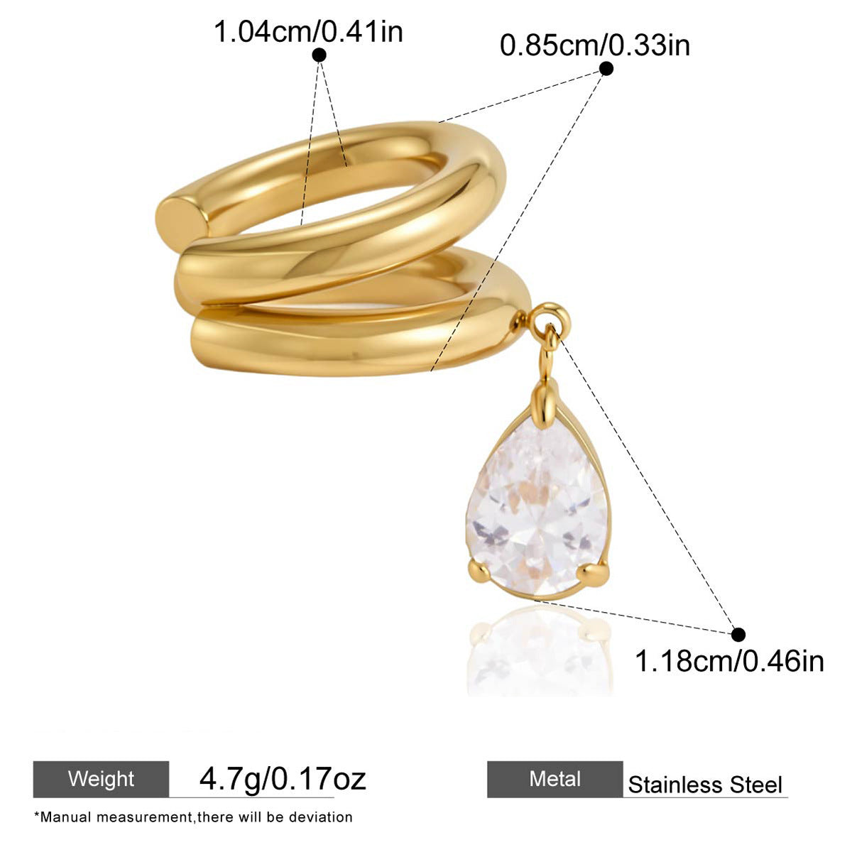 Gold-Tone Zircon Drop Ear Cuffs — dimensions and size reference 06