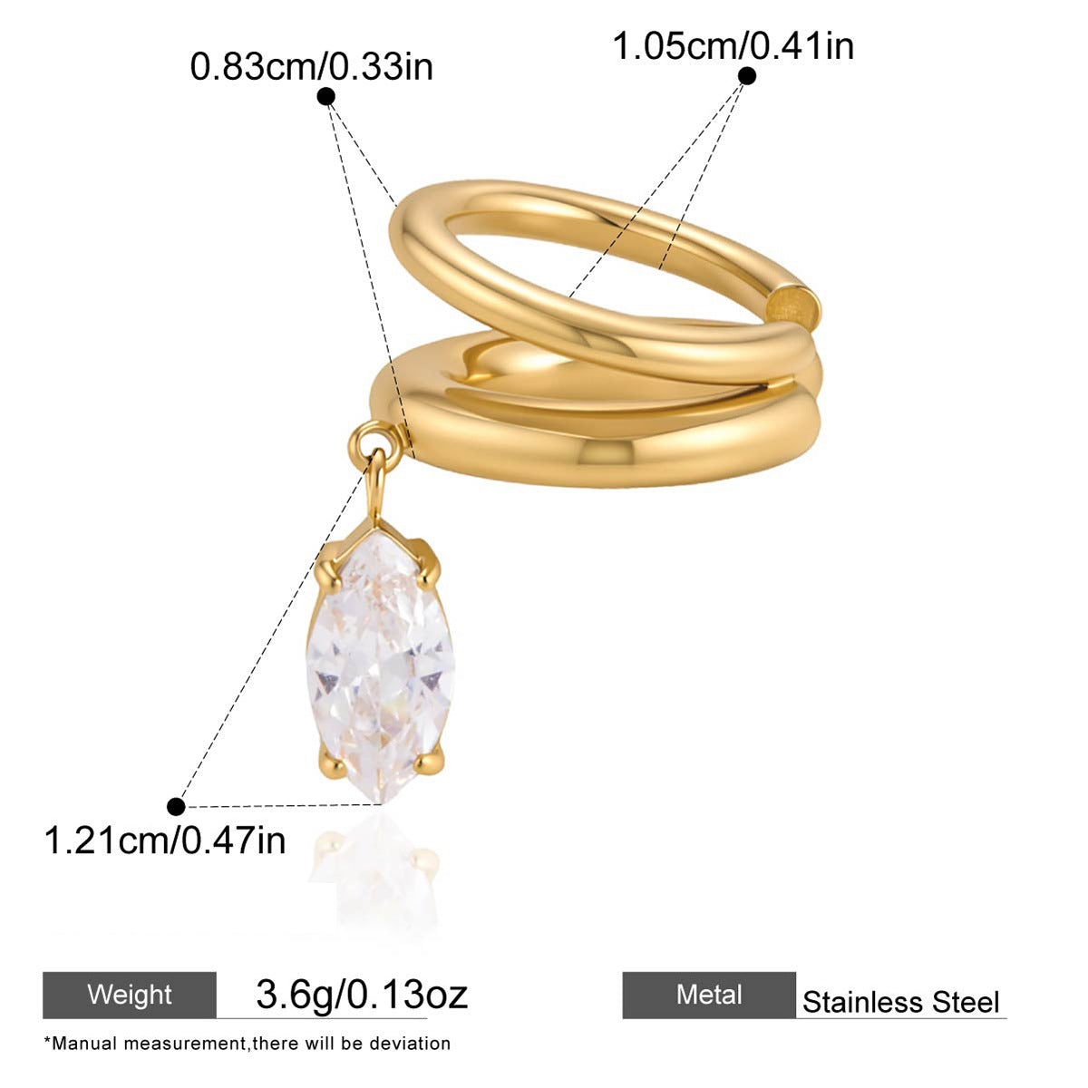 Gold-Tone Zircon Drop Ear Cuffs — dimensions and size reference 07