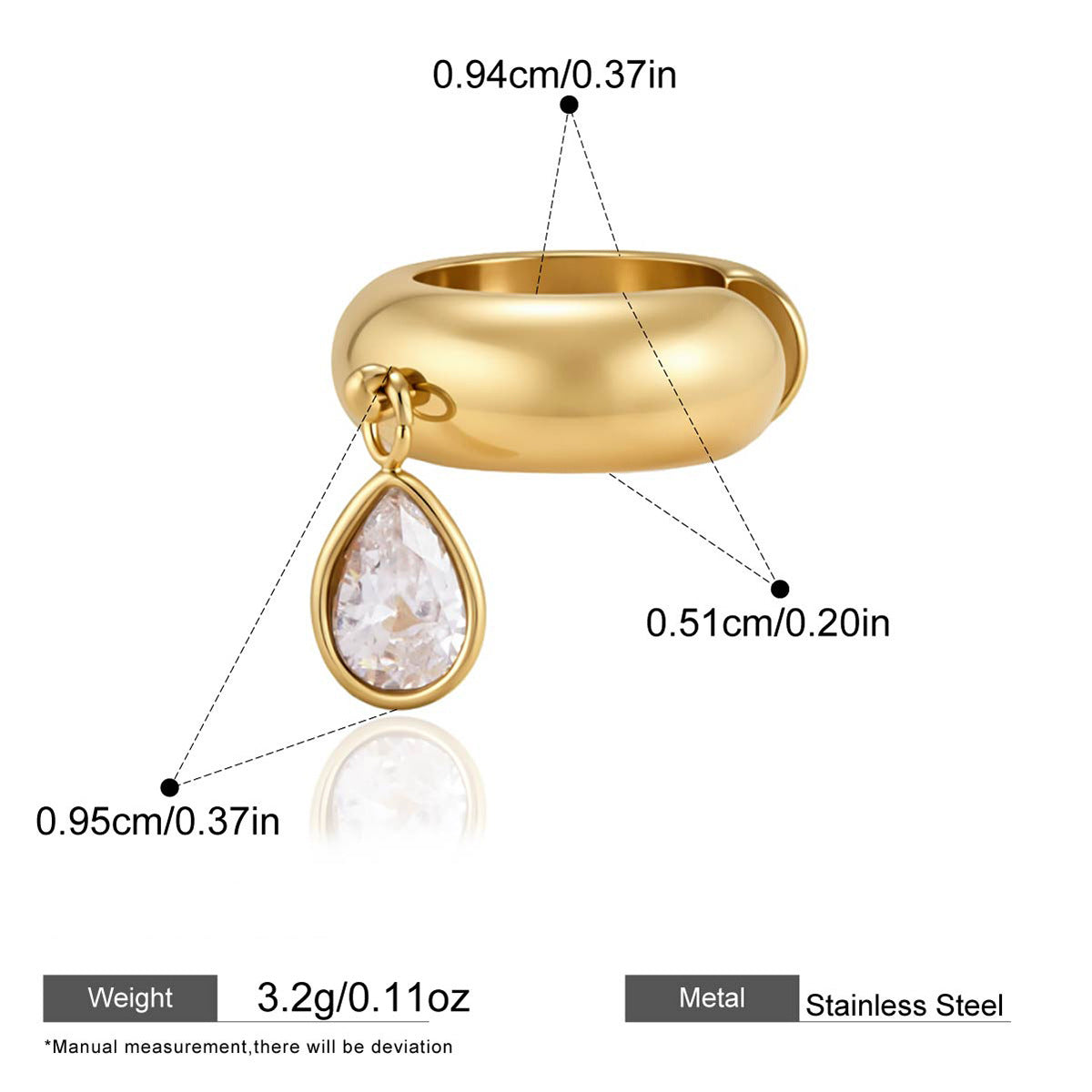 Gold-Tone Zircon Drop Ear Cuffs — dimensions and size reference 09