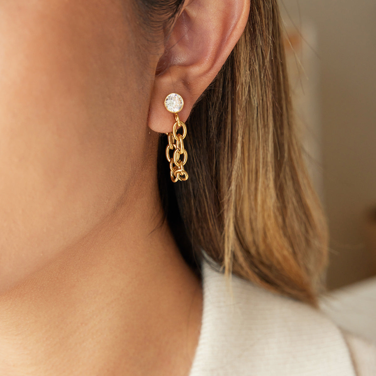Two-Tone Zircon Chain Drop Earrings — styled view 03