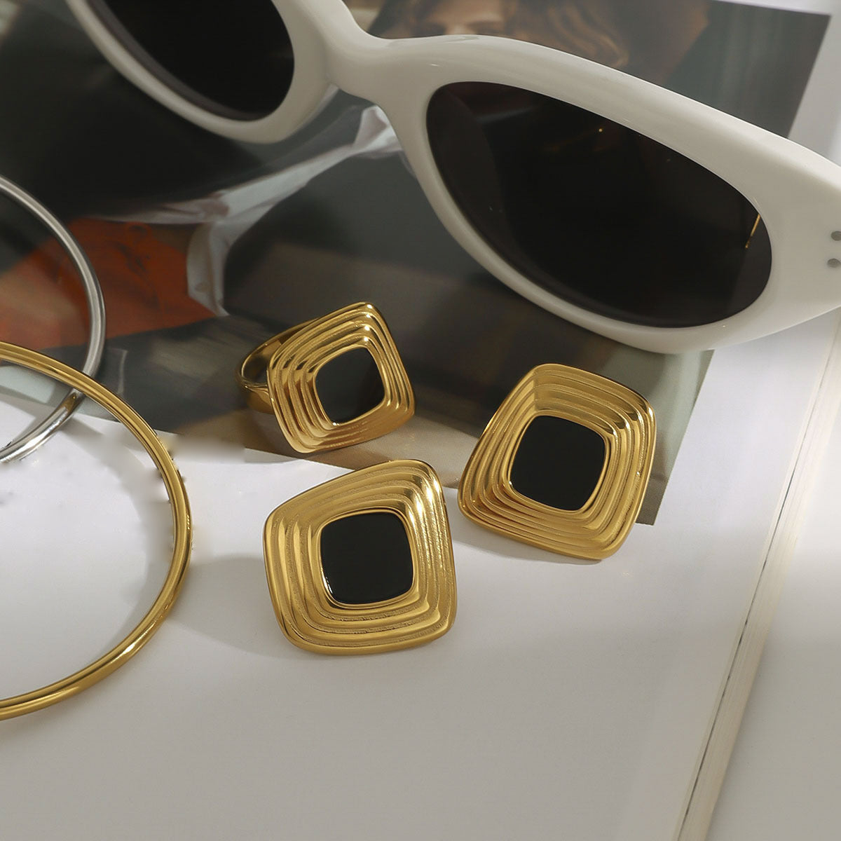 Square Inlay Statement Earrings — flat lay 02