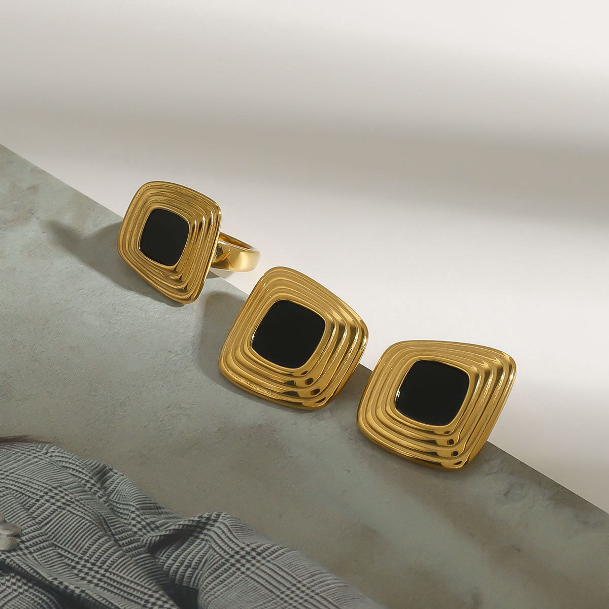 Square Inlay Statement Earrings — styled view 03