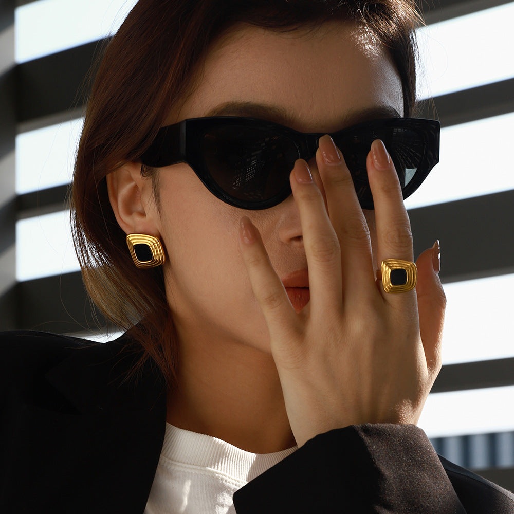 Square Inlay Statement Earrings — styled view 04