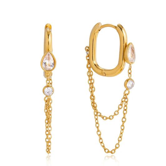 Gold-Tone Teardrop Zircon Chain Earrings — product view 01