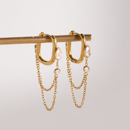 Gold-Tone Teardrop Zircon Chain Earrings — flat lay 02