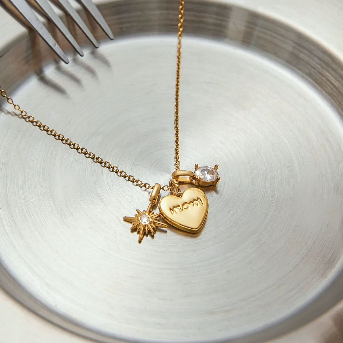 Mom Heart Sun Charm Necklace — flat lay 03