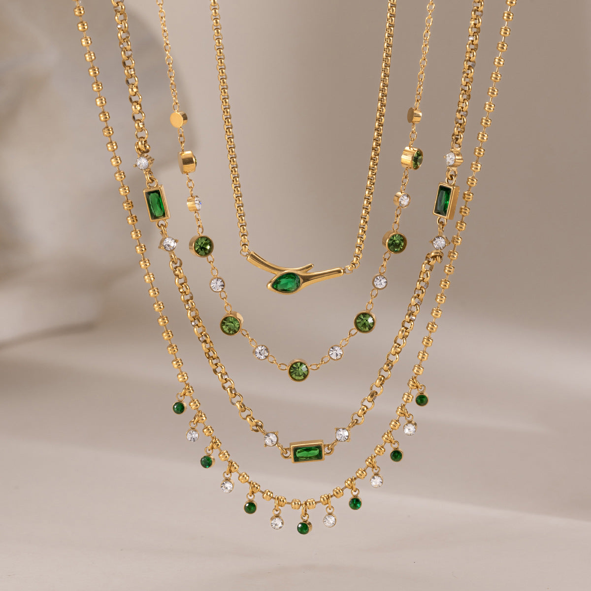 Green Stone Layered Necklaces — flat lay 03