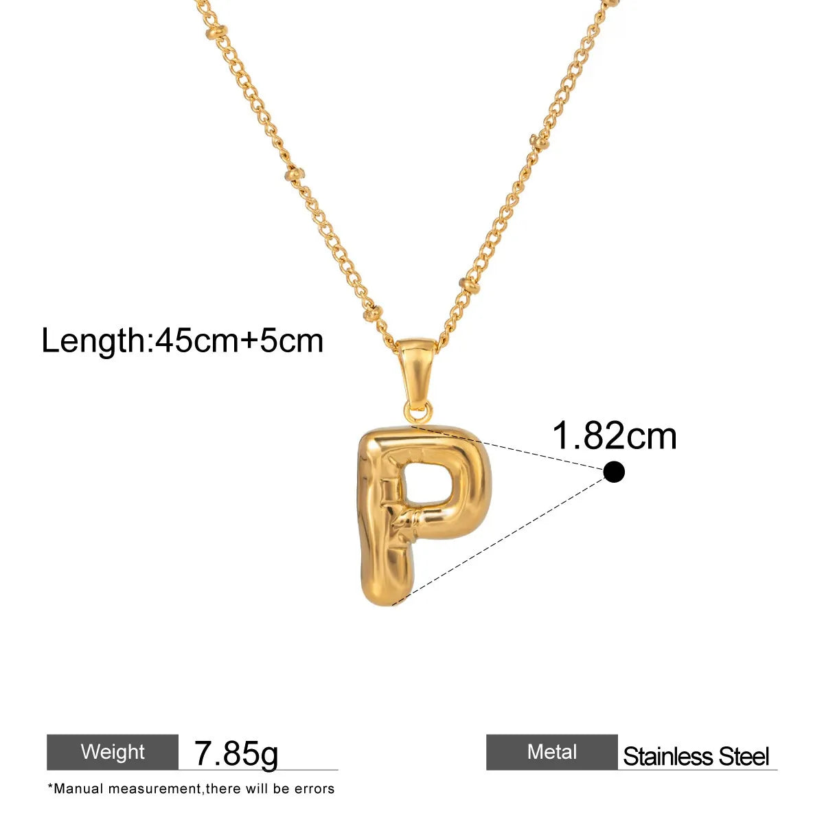 Alphabet Pendant Necklaces — dimensions and size reference 16