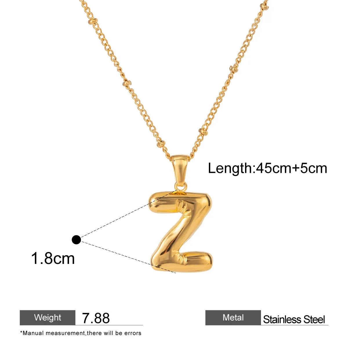 Alphabet Pendant Necklaces — dimensions and size reference 26