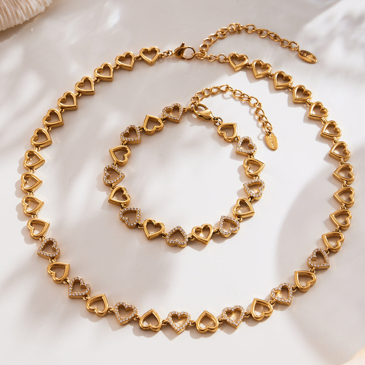 Heart Zircon Necklace and Bracelet — flat lay 03