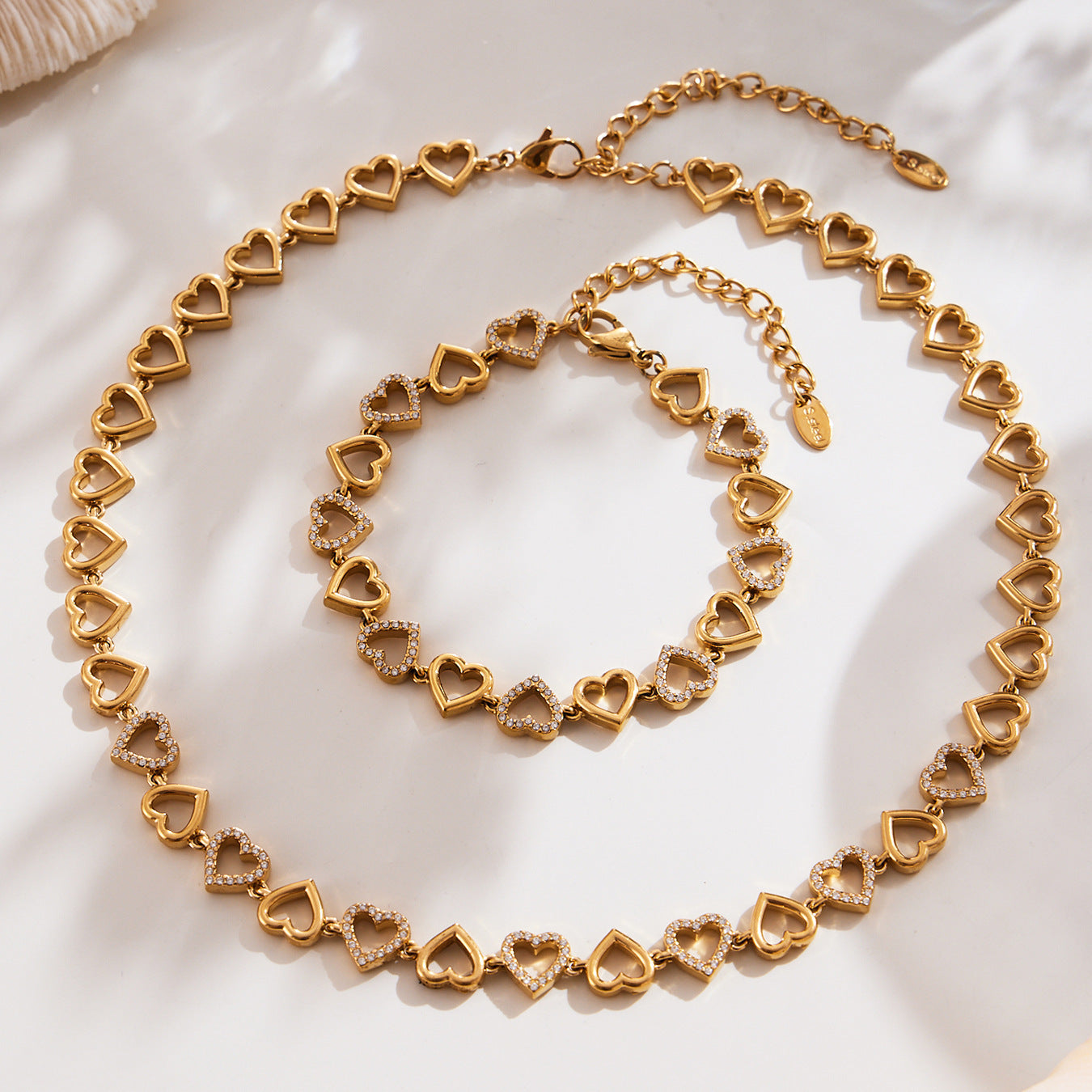Heart Zircon Necklace and Bracelet — flat lay 03