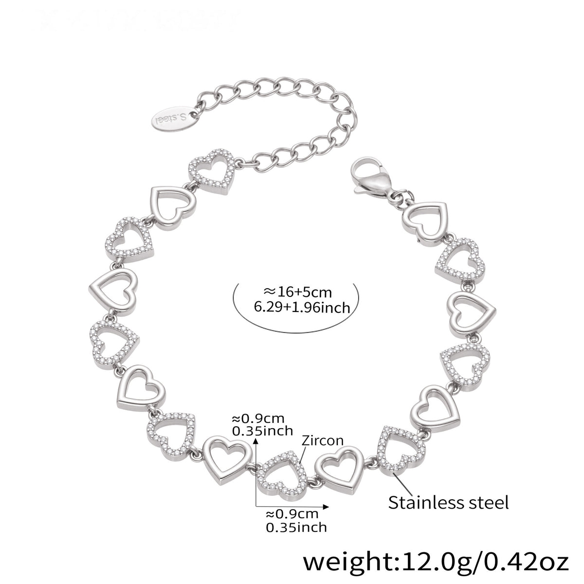 Heart Zircon Necklace and Bracelet — dimensions and size reference 08